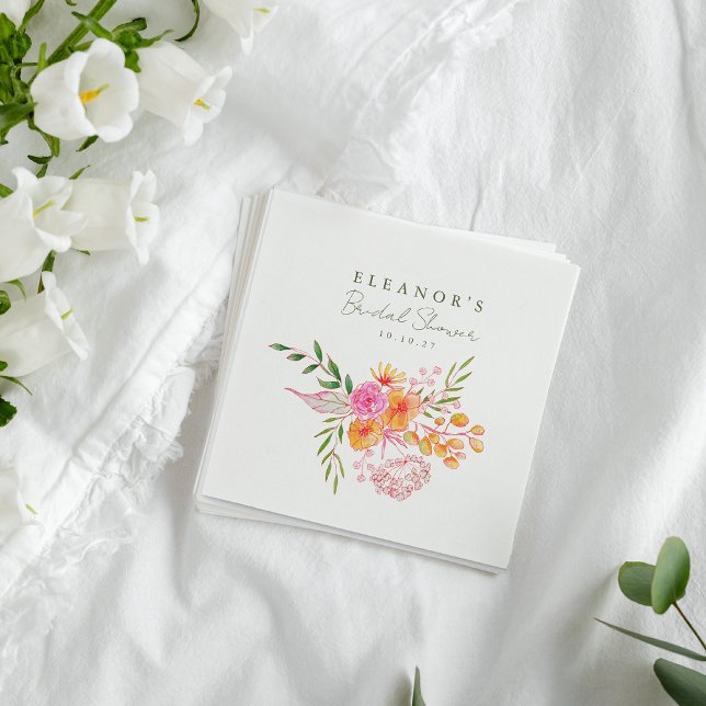 Söt rosa orange blomster vattenfärg bröllopsdusch pappersservett (Skapare uppladdad)