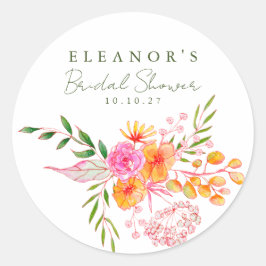 Söt rosa orange blomster vattenfärg bröllopsdusch runt klistermärke
