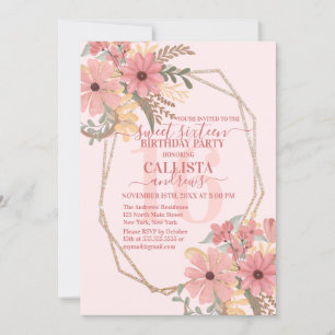 Söt Rosa Paintade Blommor Glitter Ram Sweet 16 Inbjudningar