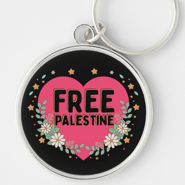 söt rosa Palestinas hjärgrafisk design Rund Silverfärgad Nyckelring (Framsidan)