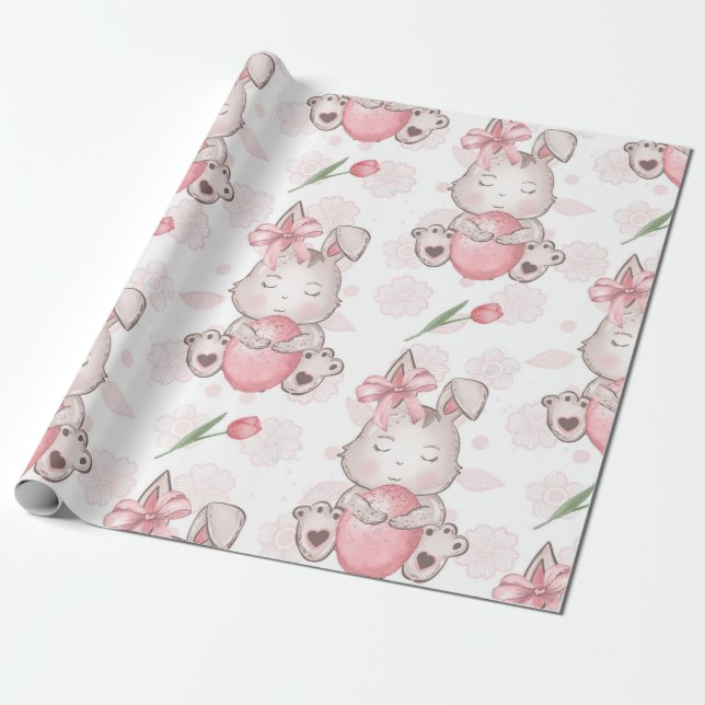 Söt rosa påskharen presentpapper (Utrullad)
