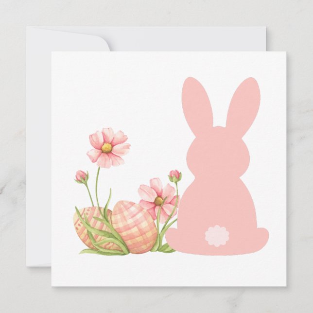 Söt rosa påskkel hare med vårblommor  inbjudningar (Framsida)