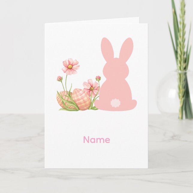 Söt rosa påskkel hare med vårblommor  kort (Framsida)
