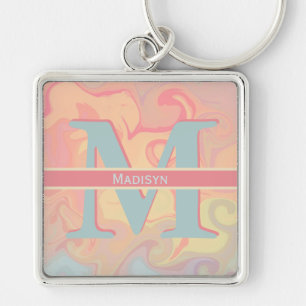Söt Rosa Pastel Swirl Monogram Initial Namn Fyrkantig Silverfärgad Nyckelring