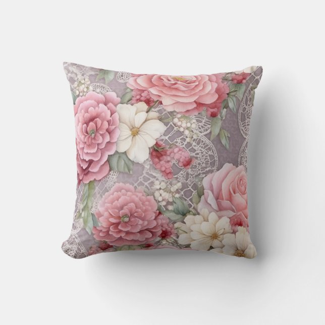 Söt Rosa Pastel Watercolor Blommigt & Snöre Kudde (Framsida)