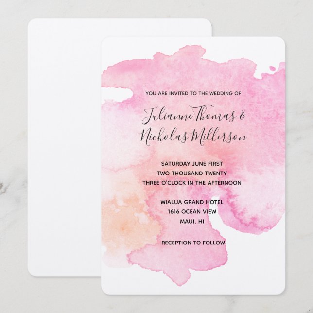 Söt Rosa Peach Watercolor Bröllopsinbjudans Inbjudningar (Fram/baksida)