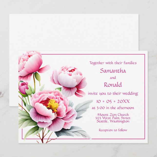 Söt Rosa Peonies på Vita Bröllop Inbjudningar (Fram/baksida)
