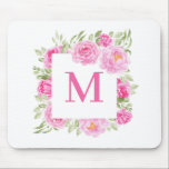 Söt Rosa Peonies Square Blommigt Ram Monogram Musmatta<br><div class="desc">Blommigt tema monogram mousserande ämne. Den har vattenfärgad kvadratisk blommigt ram i rosa och grönt. Anpassa genom att lägga till ett monogram. Det här blir perfekt som personlig.</div>