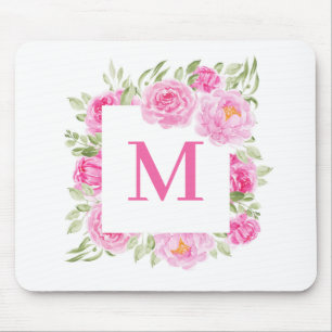 Söt Rosa Peonies Square Blommigt Ram Monogram Musmatta