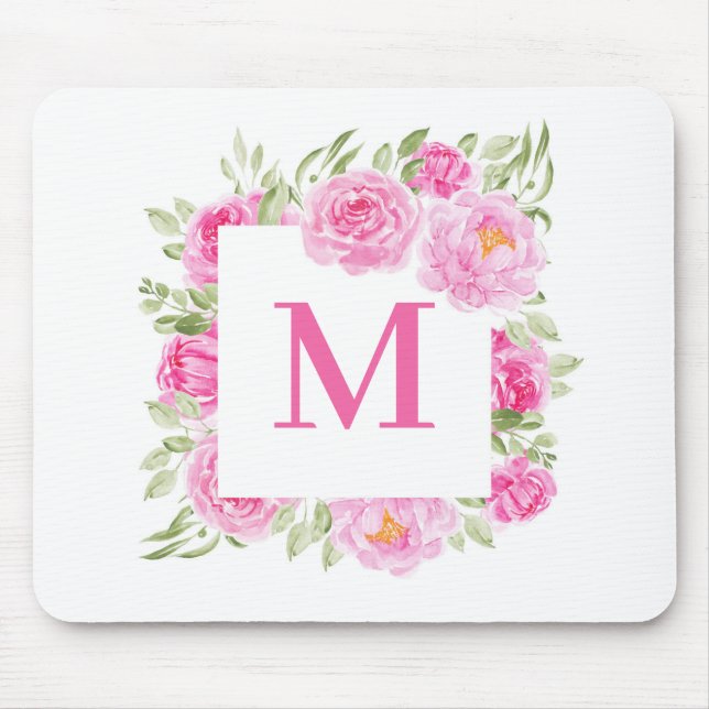 Söt Rosa Peonies Square Blommigt Ram Monogram Musmatta (Framsidan)