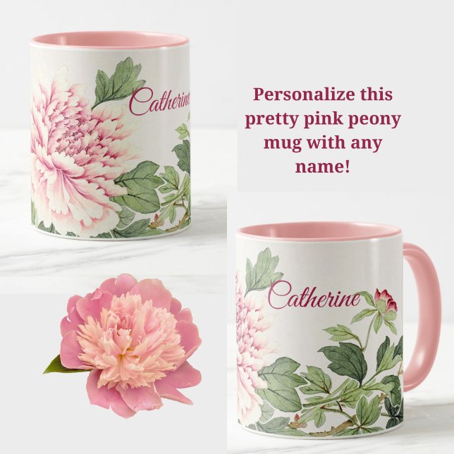 Söt Rosa Peony Romantic Blommigt Anpassat namn Mugg (A personalized name mug with a pretty pink peony floral design! Very elegant!)