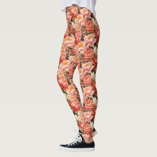 Söt Rosa Peony Vintage Blommönster Leggings