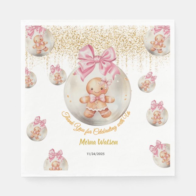 Söt rosa pepparkaksgirl i julgranskula pappersservett (Framsidan)