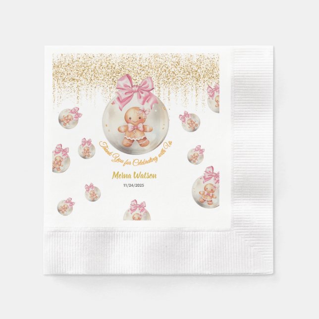 Söt rosa pepparkaksgirl i julgranskula pappersservett (Framsidan)