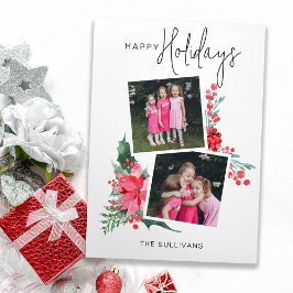 Söt Rosa Poinsettia & Holly 2-Photo Julkort