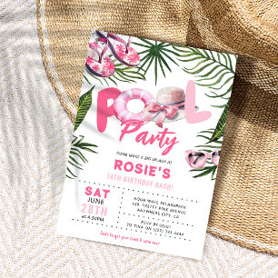 Söt Rosa Poolparty Flickas Födelsedag Inbjudningar