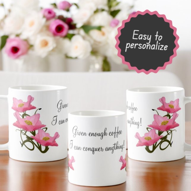 Söt Rosa Poppy Side Gräns Personlig Text Kaffemugg (mug design as seen from right of the handle, opposite the handle and left of the handle)