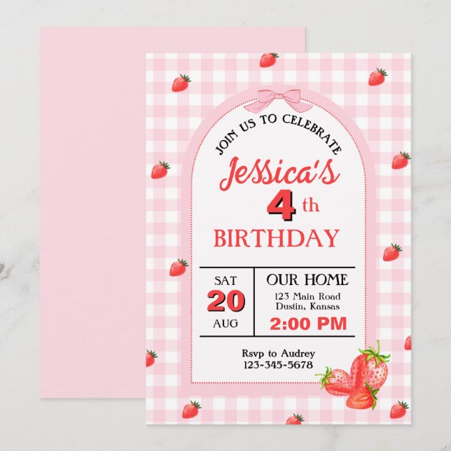Söt Rosa PRand Strawberry Födelsedagsfest Inbjudningar (Fram/baksida)