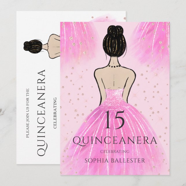 Söt  Rosa Princess Dress Quinceanera Party Inbjudningar (Fram/baksida)