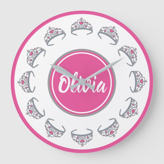 Söt Rosa Princess Party Silver Tiara Krona Stor Klocka (Framsida)