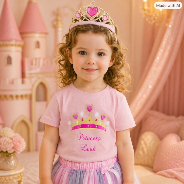 Söt Rosa Prinsessa Bebis T-Shirt (a joyful 4-year-old girl wearing the “Princess Leah” T-shirt, a sparkly princess skirt, & tiara)
