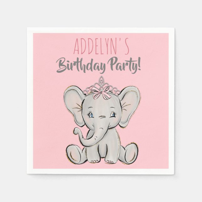 Söt Rosa Prinsessa Elefant Barnkalas Pappersservett (Framsidan)