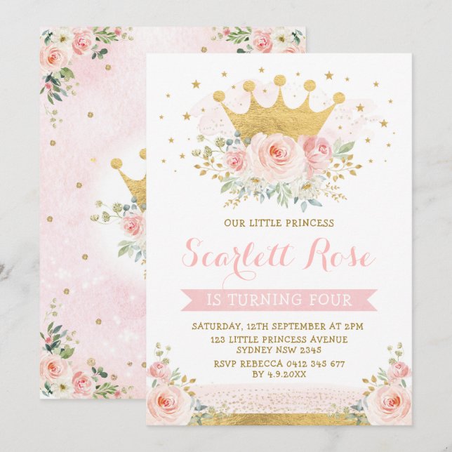 Söt  Rosa Prinsessan Guld Krona födelsedag Inbjudningar (Fram/baksida)