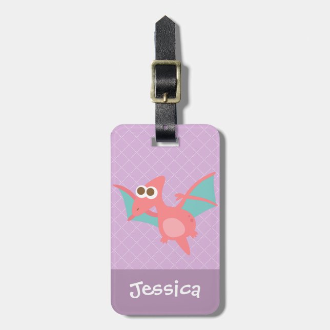 Söt Rosa Pterodactyl dinosauriemädchen Lila Bagagebricka (Vertikal Framsida)