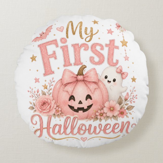 Söt Rosa Pumpa 1:a Halloween  Rund Kudde (Framsidan)