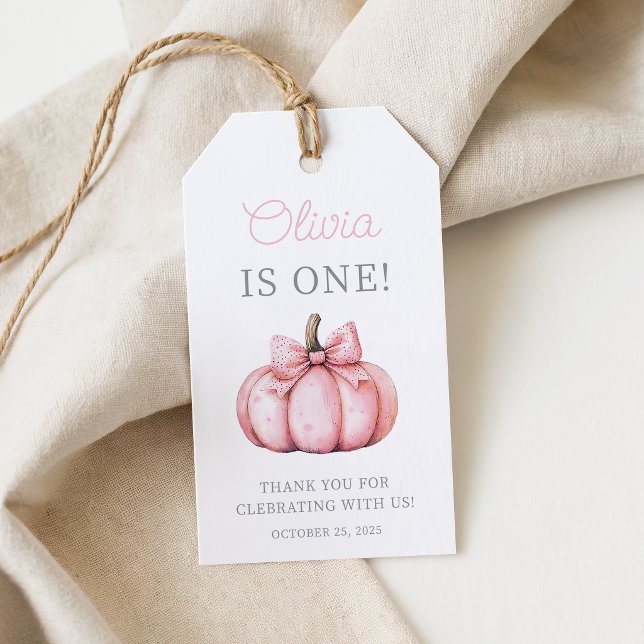 Söt Rosa Pumpa Babyflicka 1-årsdag  Presentetikett (Cute Pink Pumpkin Baby Girl 1st Birthday Gift Tags)