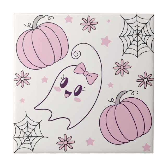 Söt Rosa Pumpa Halloween Mönster Kakelplatta (Framsidan)