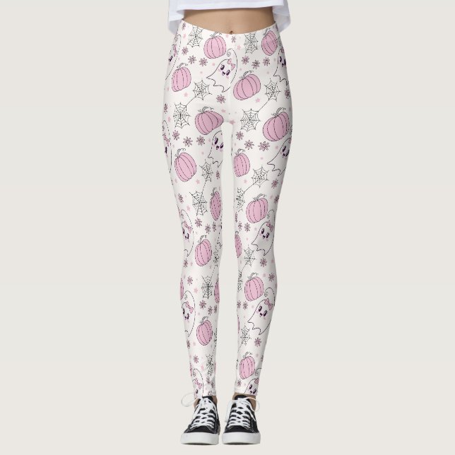 Söt Rosa Pumpa Halloween Mönster Leggings (Framsida)