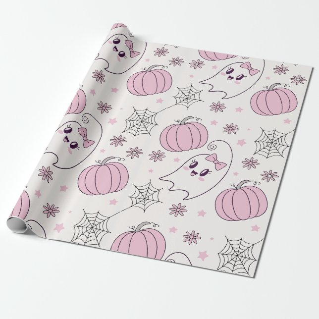Söt Rosa Pumpa Halloween Mönster Presentpapper (Utrullad)