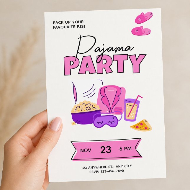 Söt Rosa Pyjamasparty för Tjejer Soverparty Inbjudningar (Cute Pink Sleepover for Girls Pajama Party Invitation, Slumber Party Invite)