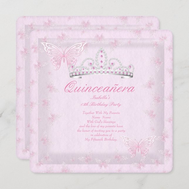 Söt Rosa Quinceanera Party Tiara Butterflies 2 Inbjudningar (Fram/baksida)