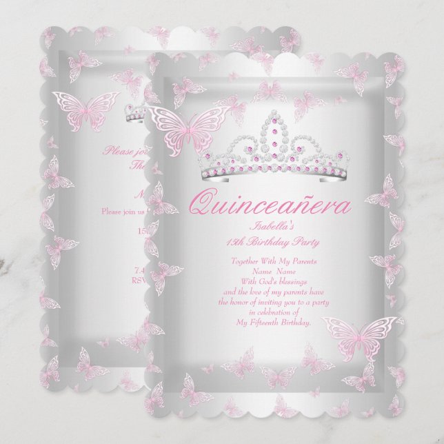 Söt Rosa Quinceanera Party Tiara Butterfly Inbjudningar (Fram/baksida)