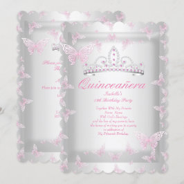 Söt Rosa Quinceanera Party Tiara Butterfly Inbjudningar