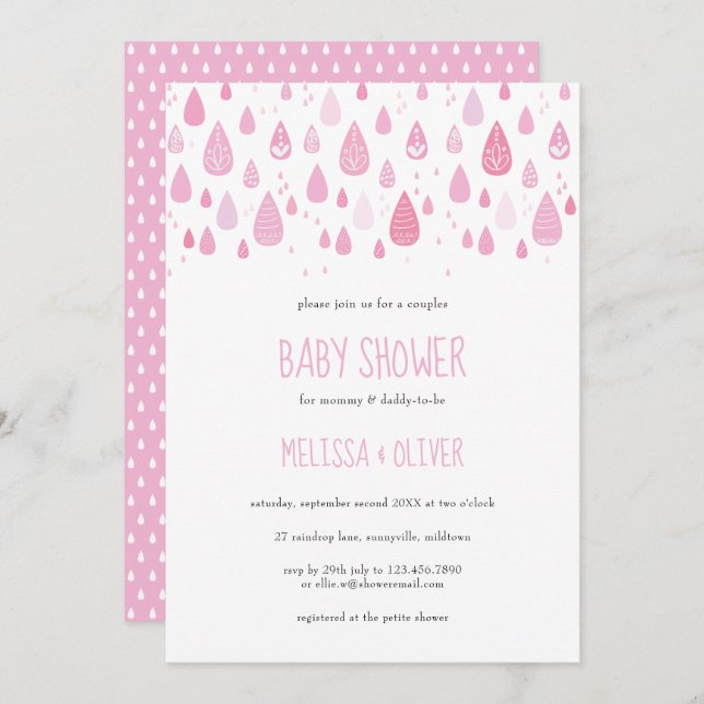 Söt Rosa Raindrops Par Baby Shower Inbjudningar (Fram/baksida)