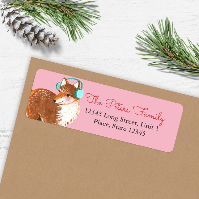 Söt rosa räv djur högtid jul returadress etikett (Cute Pink Fox Animal Holiday Christmas Label)