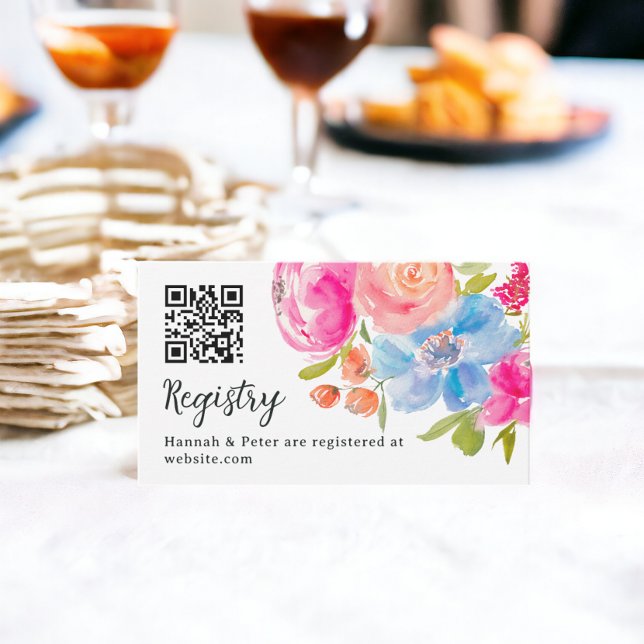 Söt rosa-register för vattenfärgsregister med blå  tilläggskort (Pretty pink blue floral watercolor bridal registry enclosure card)