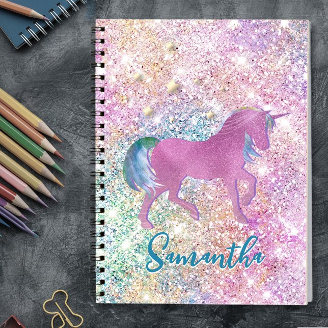 Söt Rosa Regnbåge enhörning Glittermonogram Anteckningsbok (Skapare uppladdad)