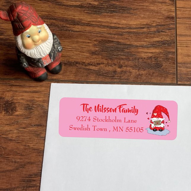 Söt rosa returetiketter med rött gnom. returadress etikett (Skapare uppladdad)
