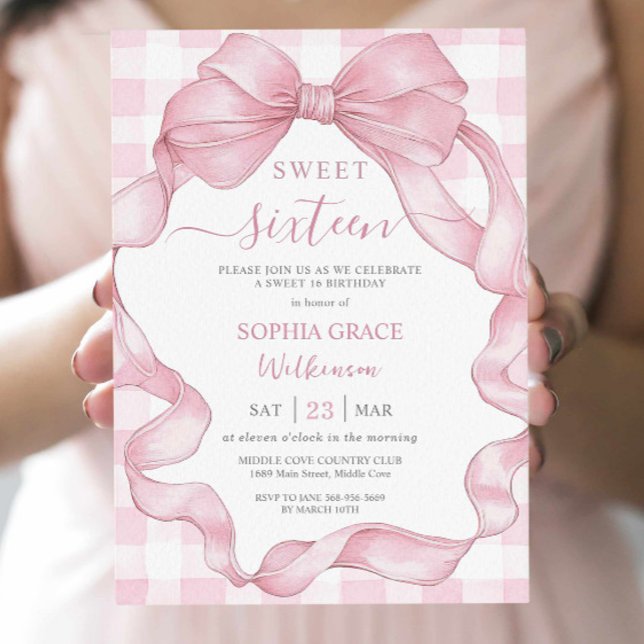 Söt Rosa Ribbon Bows Sweet sixteen 16 Birthday Inbjudningar (Skapare uppladdad)