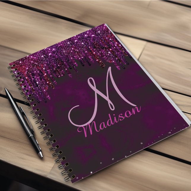 Söt Rosa Röd Enhörning Glitterdropar monogram Anteckningsbok (Skapare uppladdad)