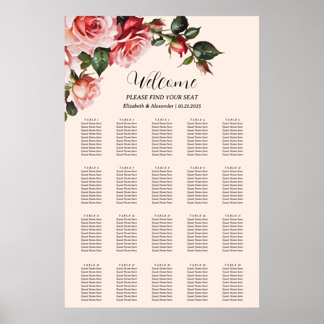 Söt rosa röd ros bröllop sätesdiagram poster (Framsidan)