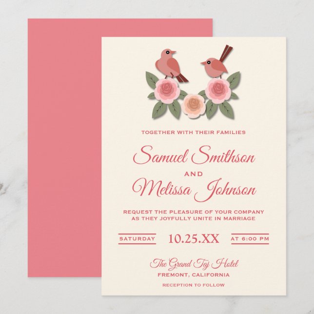 Söt Rosa Romantisk Fågel Blommig Bröllopsinbjudan Inbjudningar (Fram/baksida)