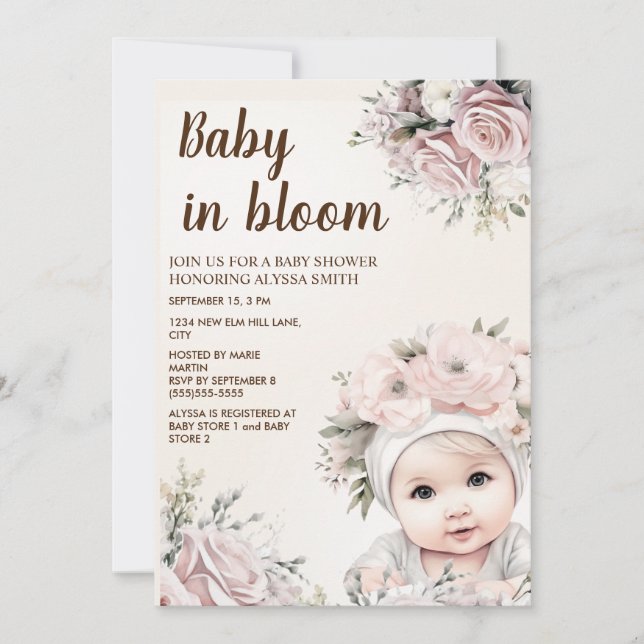 Söt Rosa ros Baby i Bloom Girl Baby Shower Inbjudningar (Framsida)