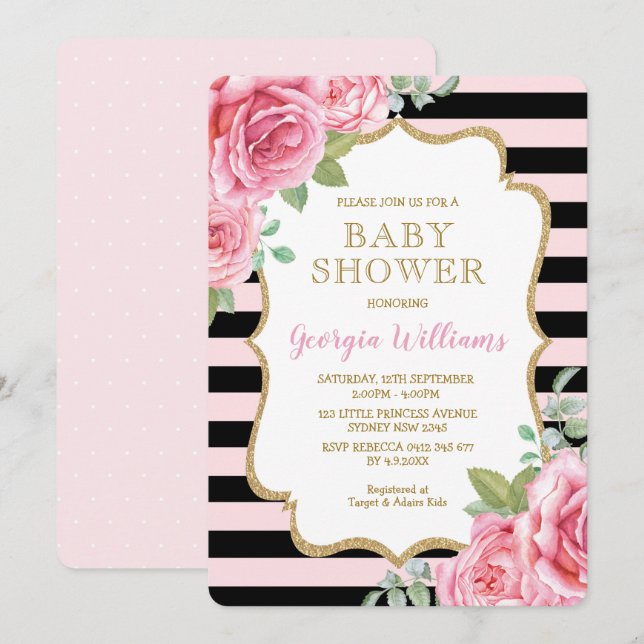 Söt Rosa ros Baby Shower Paris Rand Inbjudningar (Fram/baksida)