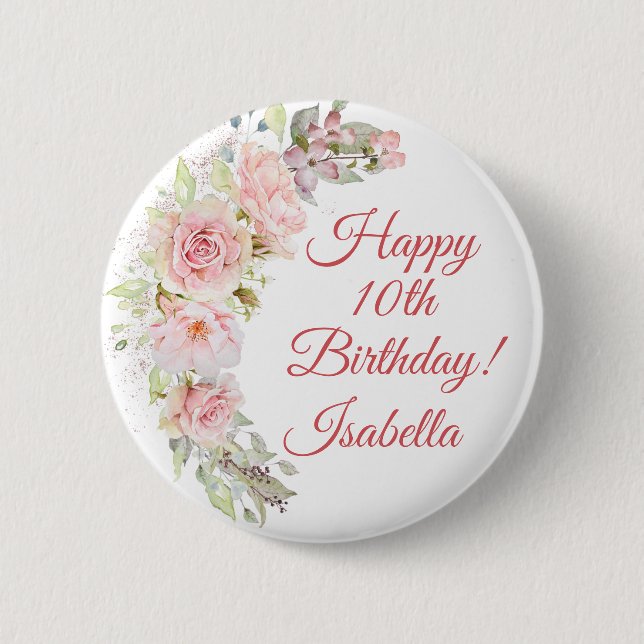 Söt Rosa ros Birthday Button Knapp (Framsida)