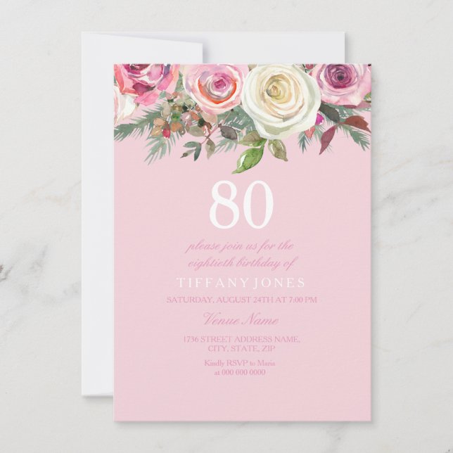 Söt Rosa ros Blommigt 80:e födelsedagen Inbjudan (Framsida)